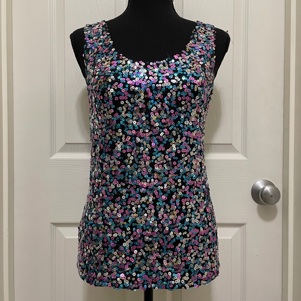 Vintage Charlotte Russe Sequin Tank Top Blue Pink Party Clubwear Y2K USA Made‎ S